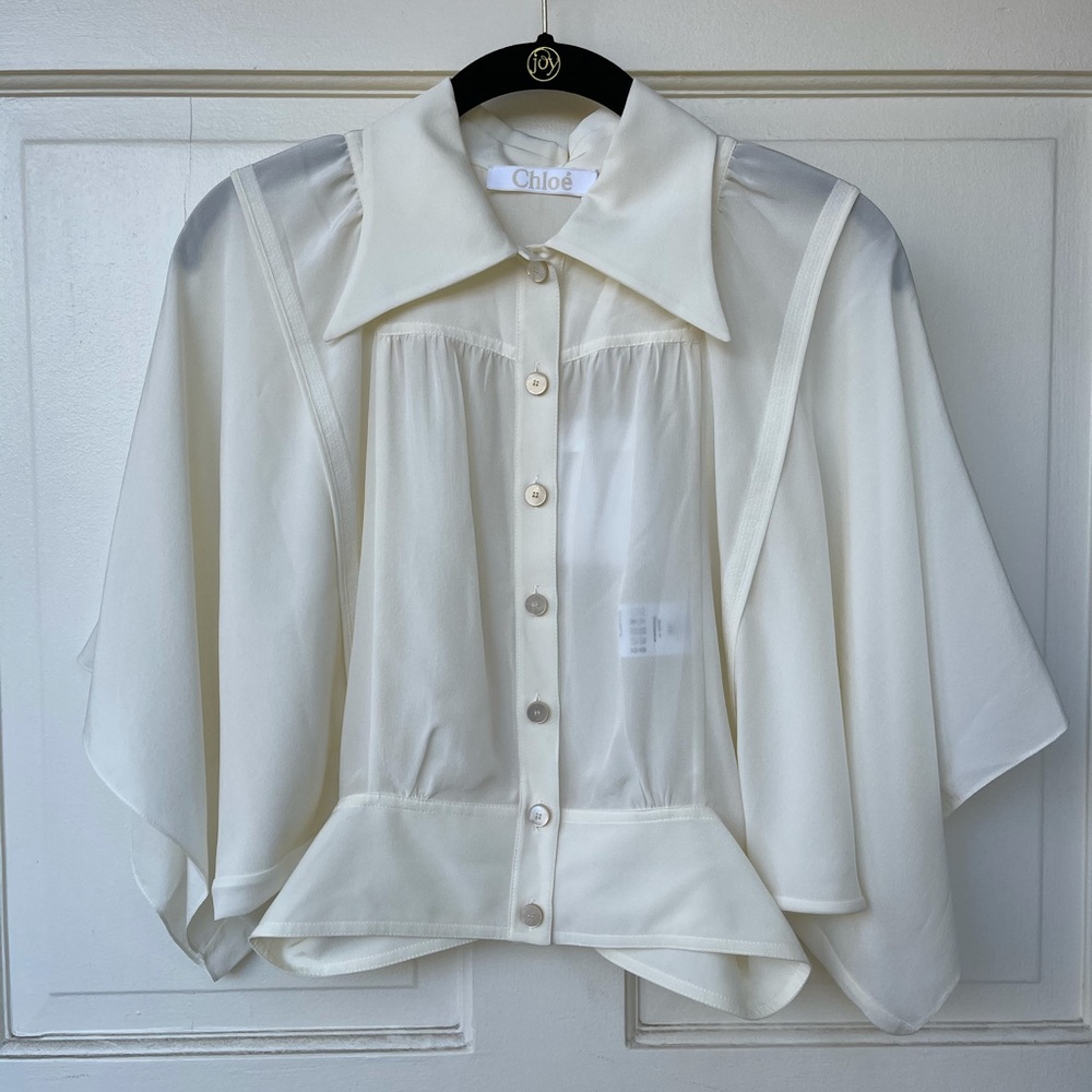 Chloe Silk Wing-Sleeve Blouse, Ivory, Size 38